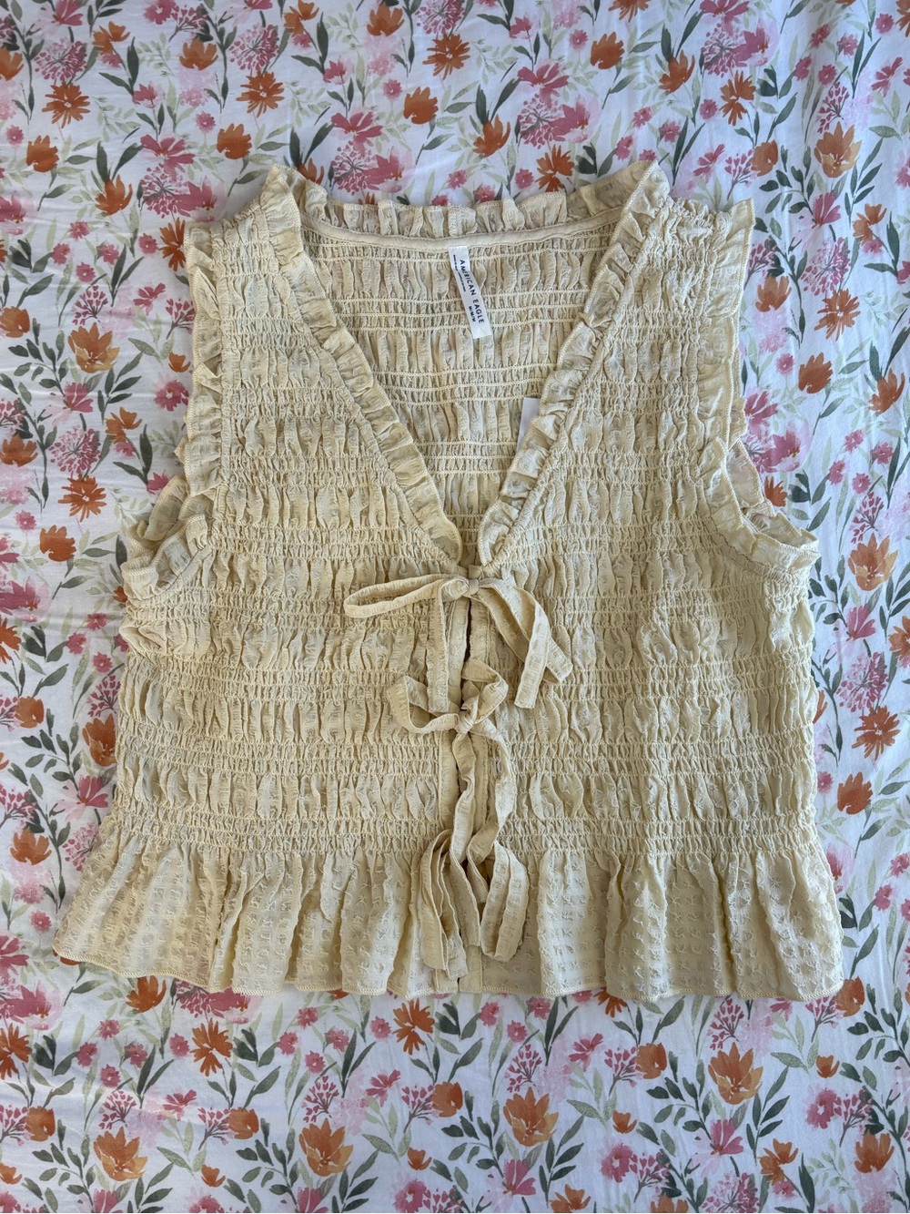 American Eagle Yellow Smocked Tie Front Ruffles Size M NWT boho indie western